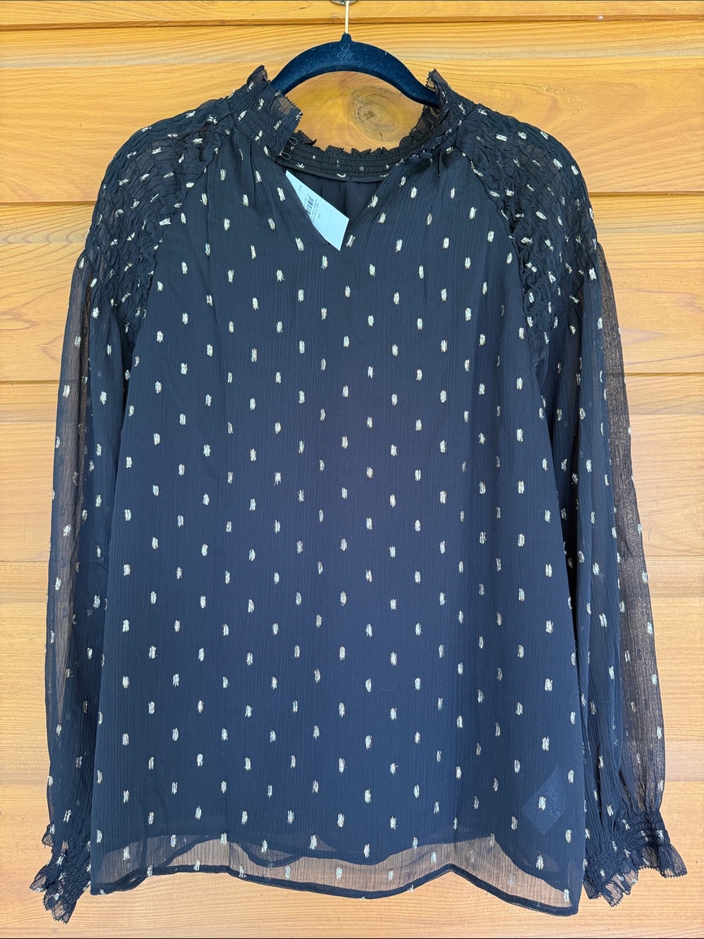 Sheer sleeves Black Blouse with Metallic Dot Detail body of blouse us lined